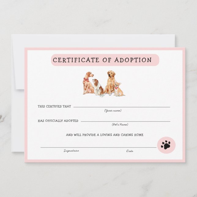 Certificat d'adoption rose et blanc de chiot (Devant)