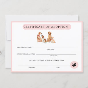 Certificat d'adoption rose et blanc de chiot