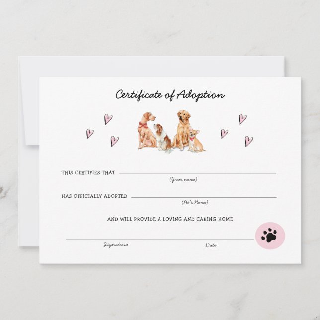 Certificat d'adoption rose et blanc de chiot (Devant)