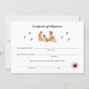 Certificat d'adoption rose et blanc de chiot