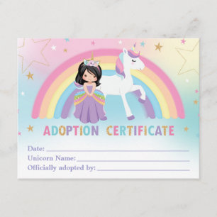 Certificat d'adoption Unicorn Anniversaire Fête Fa