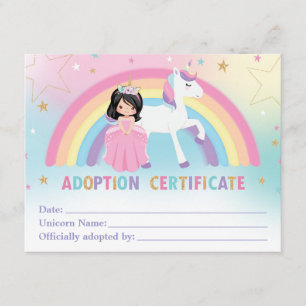 Certificat d'adoption Unicorn Anniversaire Fête Fa