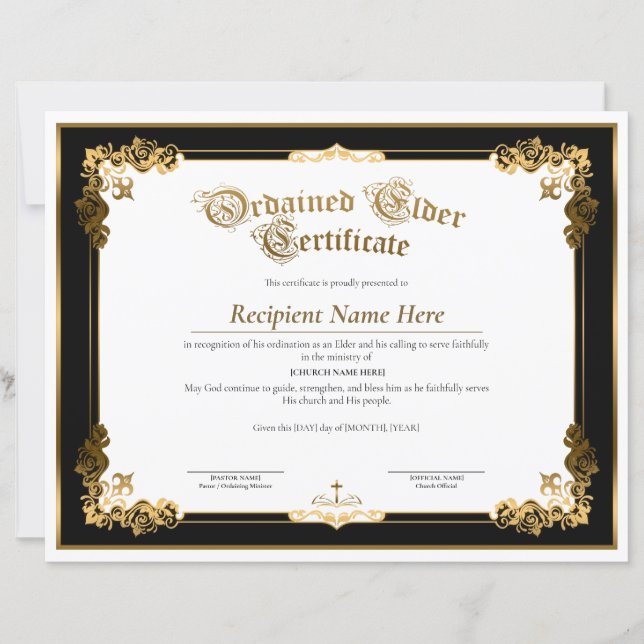 Certificat d'ancien ordonné, Ordination d'ancien (Devant)