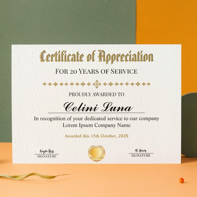 Certificat d'années de service - Or professionnel (Years of Service Certificate - Professional Gold)