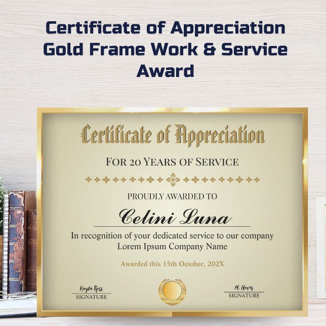 Certificat d'années de service - Or professionnel (Certificate of Appreciation - Gold Frame Work & Service Award)
