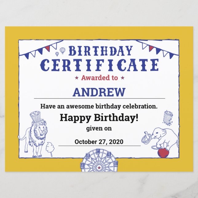 Certificat d'anniversaire de Circus Baby Golden Ca (Devant)