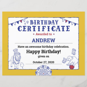 Certificat d'anniversaire de Circus Baby Golden Ca
