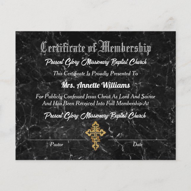 Certificat d'appartenance à l'église (Devant)