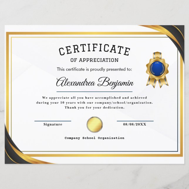 Certificat d'appréciation (Devant)