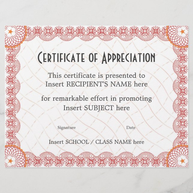 CERTIFICAT D'APPRÉCIATION (Devant)