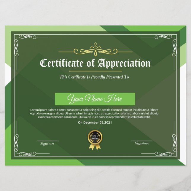 Certificat D'Appréciation (Devant)