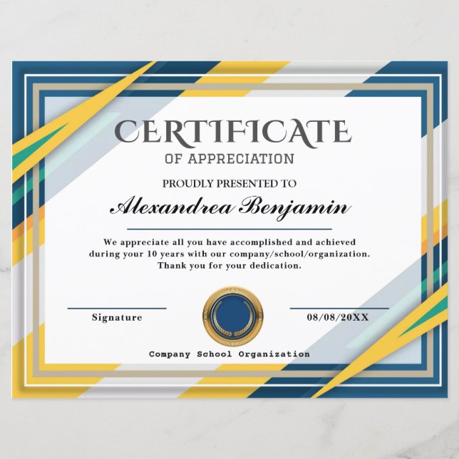 Certificat d'appréciation (Devant)
