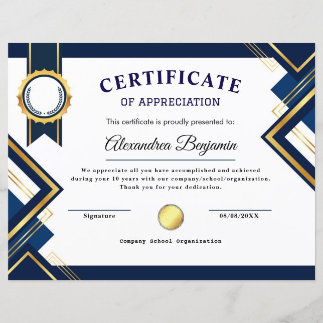 Certificat d'appréciation (Devant)