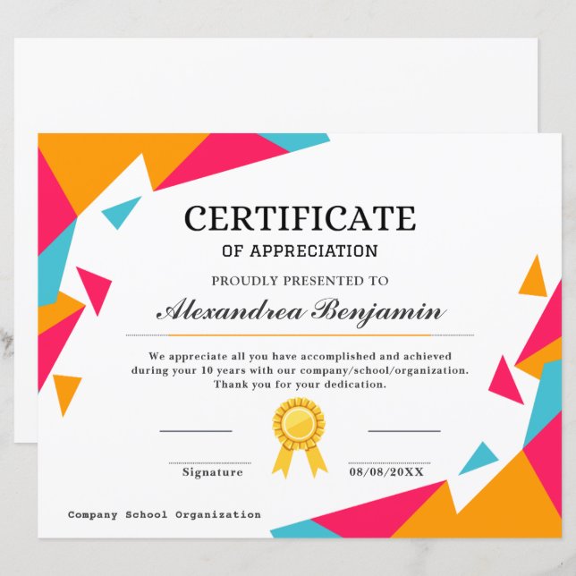 Certificat d'appréciation (Devant / Derrière)