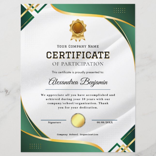 Certificat d'appréciation (Devant)