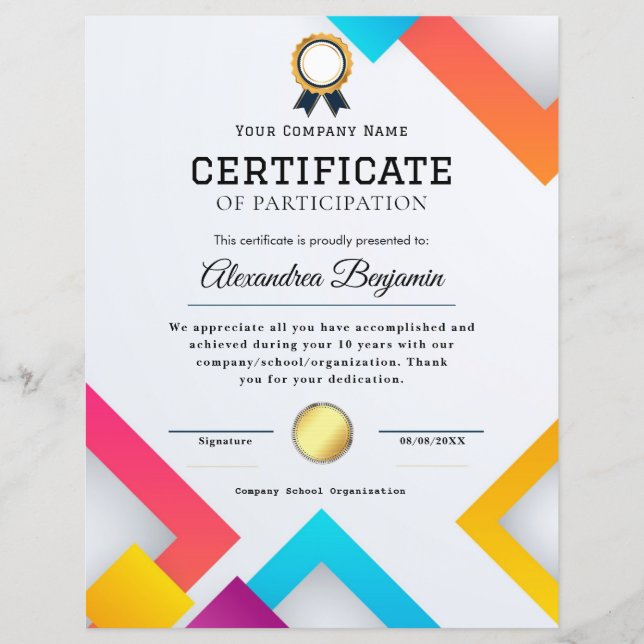 Certificat d'appréciation (Devant)