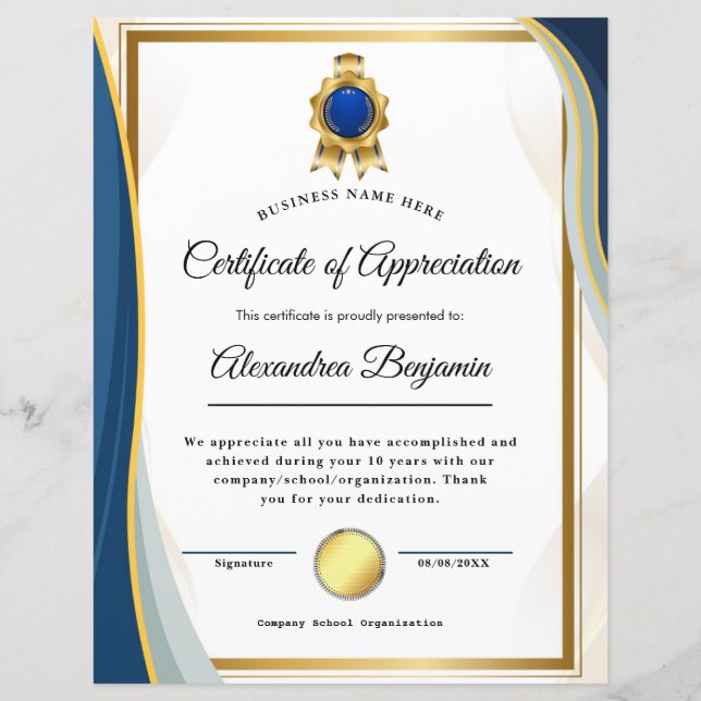 Certificat d'appréciation (Devant)