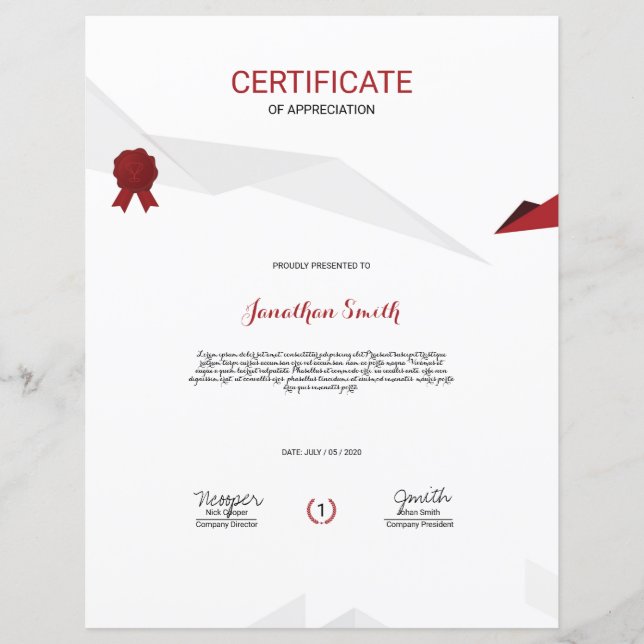 Certificat D'Appréciation (Devant)