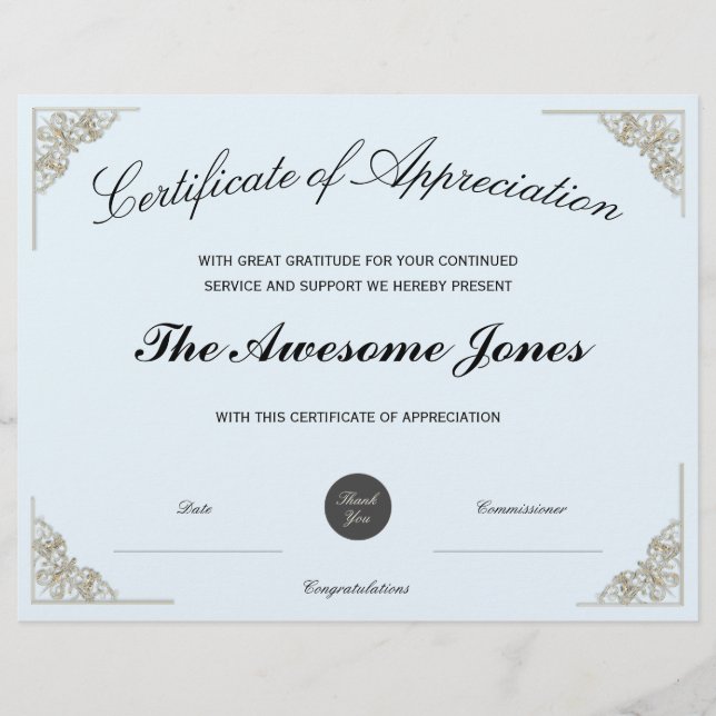 Certificat d'appréciation bleu avec logo personnal (Devant)