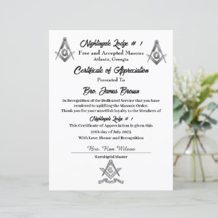 Certificat d'appréciation de Freemason