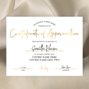Certificat d'appréciation de la médaille d'or Faux