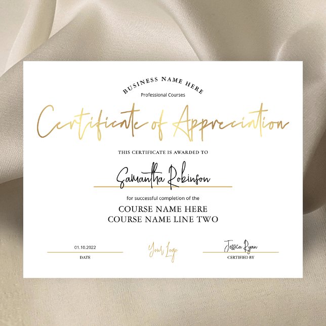 Certificat d'appréciation de la médaille d'or Faux (Elegant white and faux gold Certificate of Appreciation design, perfect to create custom awards)