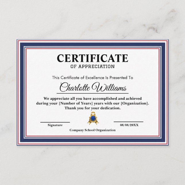Certificat d'appréciation d'employé professionnel (Devant)