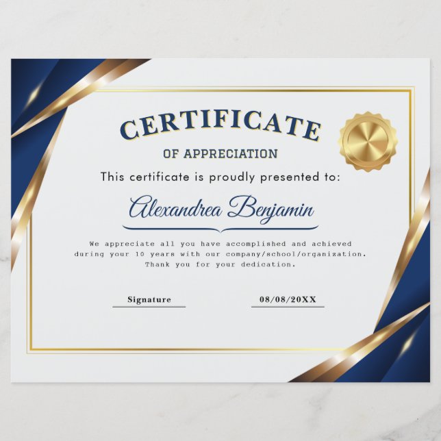 Certificat d'appréciation élégant (Devant)