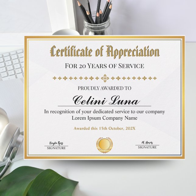 Certificat d'appréciation - Gold Frame Work (Certificate of Appreciation - Gold Frame Work & Service Award)