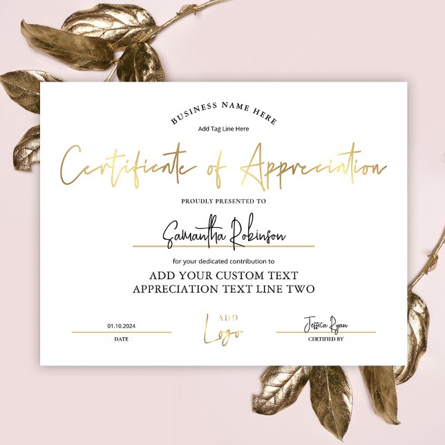 Certificat d'appréciation Gold Logo Diplôme Award (Elegant white and gold Certificate of Appreciation award with space for your logo and custom text)