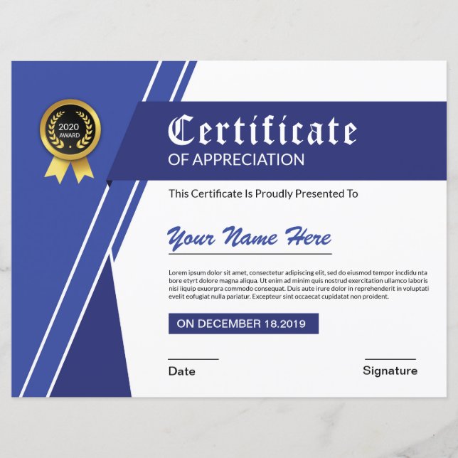 Certificat D'Appréciation Imprimable (Devant)