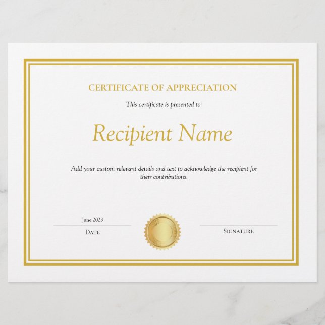 Certificat d'appréciation modifiable (Devant)
