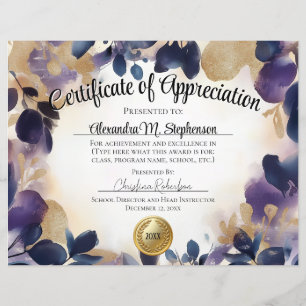 Certificat d'appréciation Or Floral Aquarelle