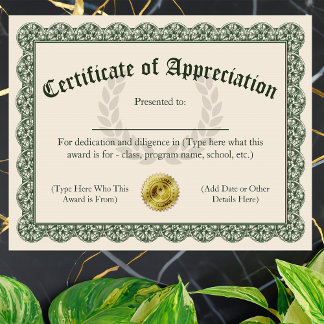 Certificat d'appréciation, personnalisable 8,5x11
