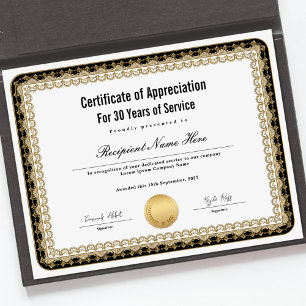 Certificat d'appréciation pour années de service