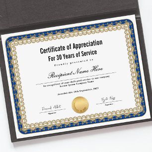 Certificat d'appréciation pour années de service