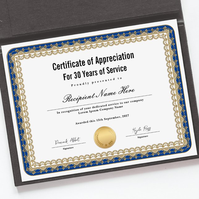 Certificat d'appréciation pour années de service (Certificate of Appreciation for Years of Service)