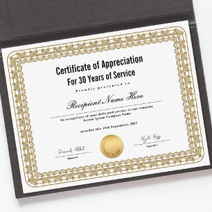 Certificat d'appréciation pour années de service