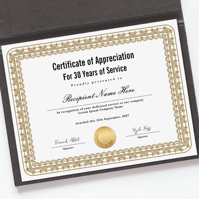Certificat d'appréciation pour années de service (Certificate of Appreciation for Years of Service)