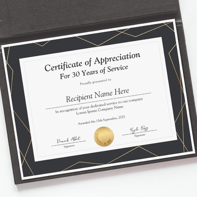 Certificat d'appréciation pour années de service (Certificate of Appreciation for Years of Service)