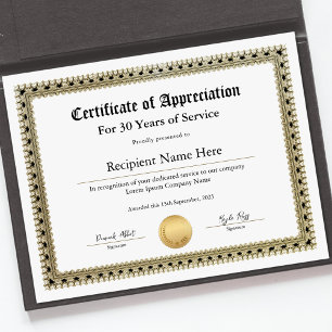 Certificat d'appréciation pour années de service