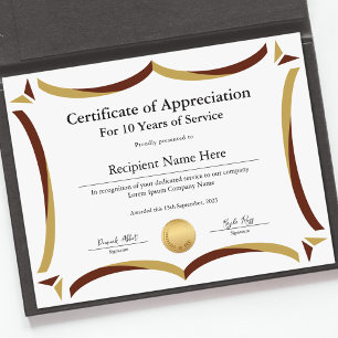 Certificat d'appréciation pour années de service