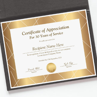 Certificat d'appréciation pour années de service