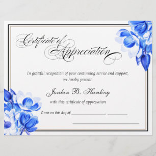 Certificat d'appréciation Prix Floral bleu