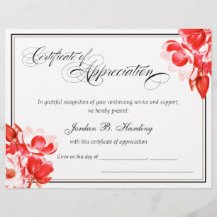 Certificat d'appréciation Prix Floral rouge