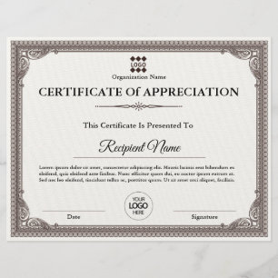 Certificat d'appréciation Prix personnalisable