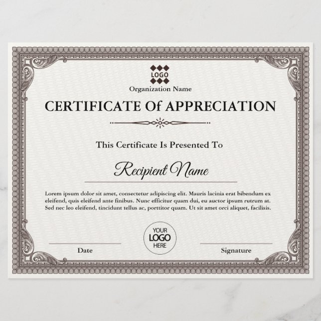 Certificat d'appréciation Prix personnalisable (Devant)