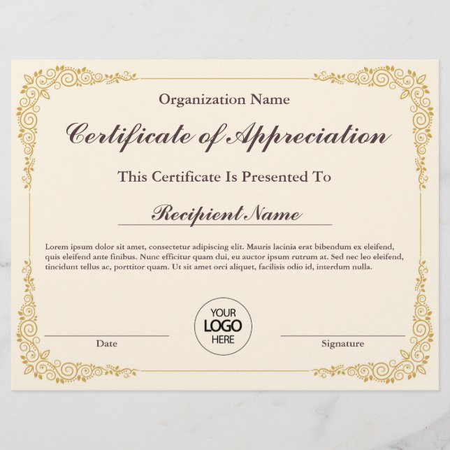 Certificat d'appréciation Prix personnalisable (Devant)