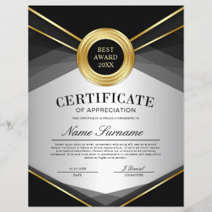 Certificat d'appréciation vertical noir et or