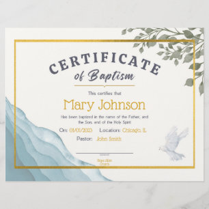 Certificat d'aquarelle de baptême